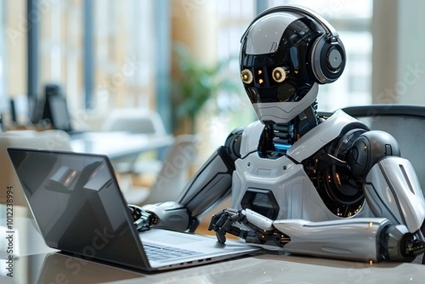 Fototapeta Humanoid Robot Participating In Online Coaching Session Using Laptop