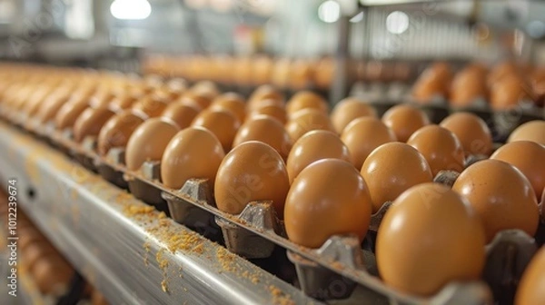 Obraz Fresh brown eggs on conveyor belt in processing facility