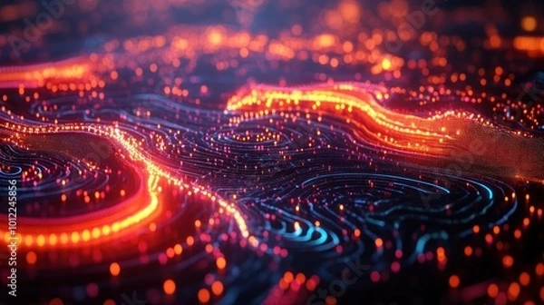 Fototapeta Abstract digital landscape with glowing lines and particles.