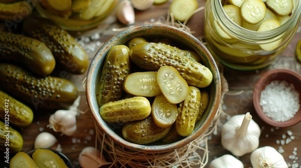Fototapeta Homemade pickles in a rustic setting with fresh garlic