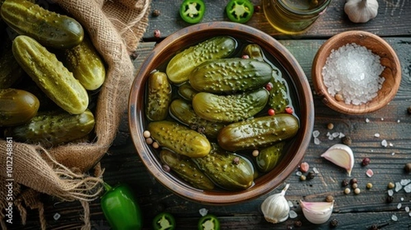 Obraz Freshly prepared pickles in a rustic kitchen setting