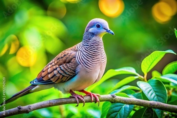 Obraz Graceful Zebra Dove Perched on Branch with Soft Green Leaves in a Natural Tropical Setting