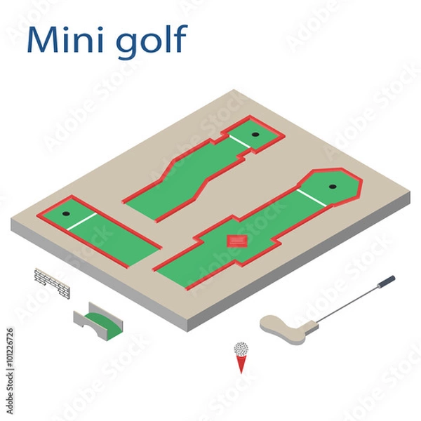 Fototapeta Izometryczny obiekt sportowy. Plac zabaw do minigolfa na białym tle. Wektor infrastruktury sportowej. Izometryczne pole golfowe, piłka, klub golfowy i wektor sprzętu. Lokalizacja dla sieci, aplikacji, gry, informacji