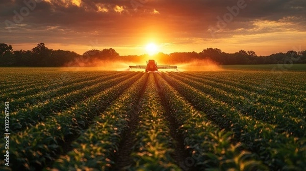 Fototapeta A tractor sprays a field of crops at sunset, with the sun shining directly behind it.