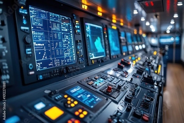Obraz A close-up of a control panel in a modern technological setting, with multiple monitors and buttons.