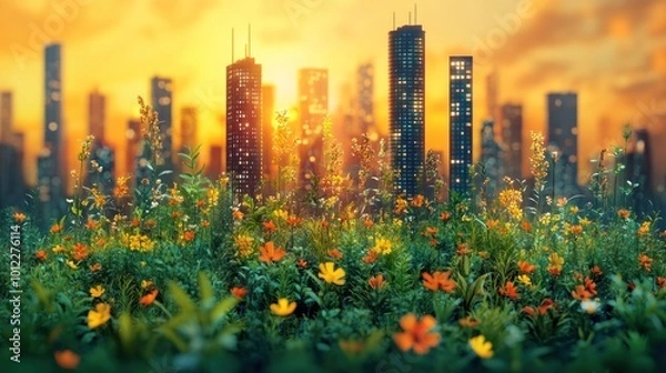 Fototapeta A field of flowers in the foreground with a blurred city skyline in the background with a sunset.