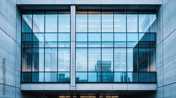 Fototapeta Futuristic urban building made of glass, concrete, and metal, with large glass panels reflecting the surrounding cityscape, sleek concrete walls, and metal frames accentuating the structure.