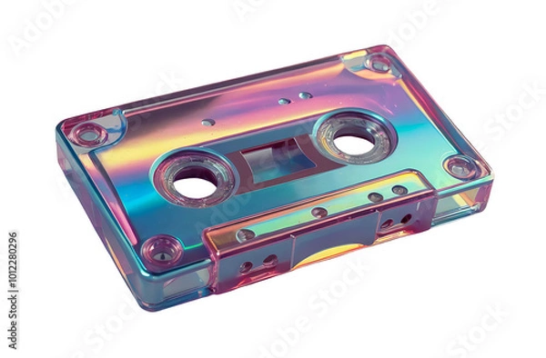 Fototapeta 3D chrome element in Y2K style, isolated background, liquid holographic metal. Colorful rainbow cassette tape made of a shiny, reflective material.