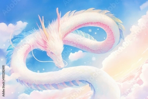 Fototapeta Floating ice dragon curling through the sky, surrounded by twinkling snowflakes, watercolor