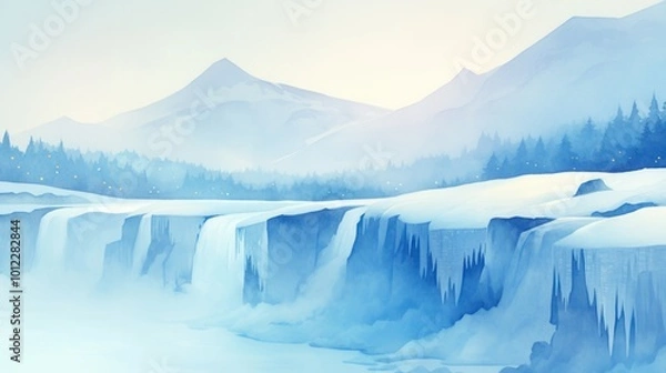 Fototapeta Frozen waterfall cascading over ice, illuminated by distant Christmas lights, watercolor style, watercolor illustration
