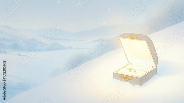 Fototapeta A glowing, antique ring box resting in the snow