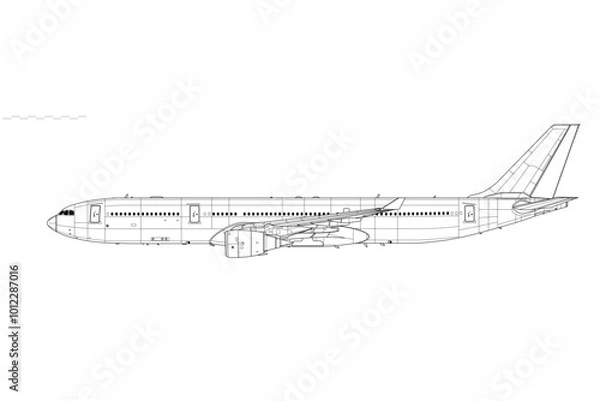Obraz Airbus A330-300. Vector drawing of wide-body airliner. Side view. Image for illustration and infographics.