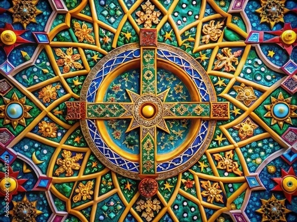 Fototapeta Intricate Religious Symbolism Featuring Cross, Star, Crescent Moon, and Sacred Geometry Patterns