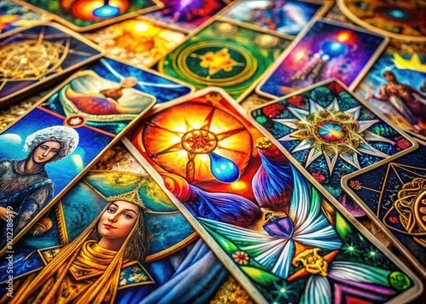 Fototapeta Intricate Tarot Card Illustrations Featuring Mystical Symbols and Colorful Artistry for Divination Use