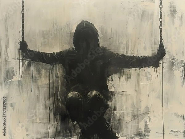 Fototapeta Silhouette of a Figure on a Swing: A Study in Darkness and Isolation