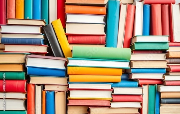 Fototapeta Books. A lot of books with bright covers in one pile isolated on white background. Place for text. Design element, paper and leather texture. Colorful books on the shelf, close up