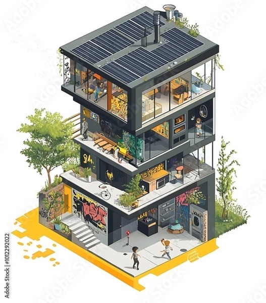 Fototapeta Isometric illustration of a modern sustainable house with solar panels and green spaces