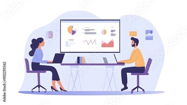 Obraz Two People Working on Laptops in Front of a Large Presentation Screen