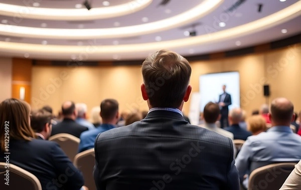 Fototapeta Business and entrepreneurship symposium. Speaker giving a talk at business meeting. Audience in the conference hall. Rear view of unrecognized participant in audience. 