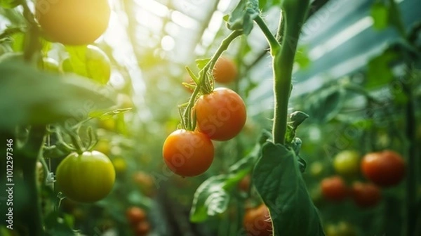 Fototapeta Close-up of Ripe Red Tomatoes Hanging on Vine in Greenhouse