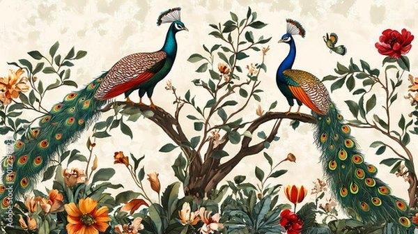 Fototapeta Illustration pattern of a mughal forest garden featuring peacocks parrots plants and botanical trees. Ottoman Palace. Illustration