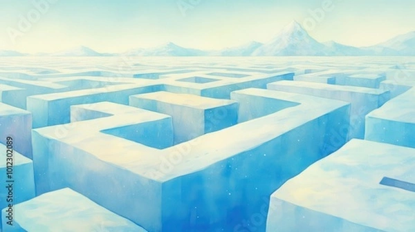 Fototapeta Mysterious winter maze made of ice, glowing pathways leading deeper into the snow, watercolor illustration