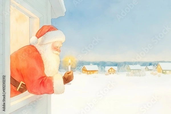 Fototapeta Santa Claus placing a glowing candle in the window of a snow-covered house, warm watercolor glow