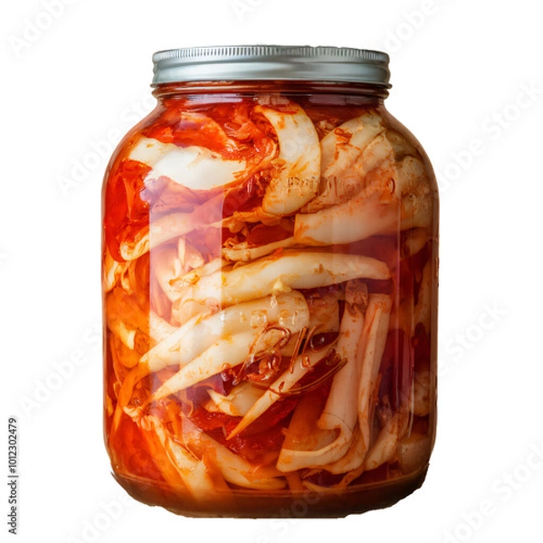 Fototapeta Korean healthy food, Kimchi - A jar of kimchi with red pepper paste and fermented cabbage.