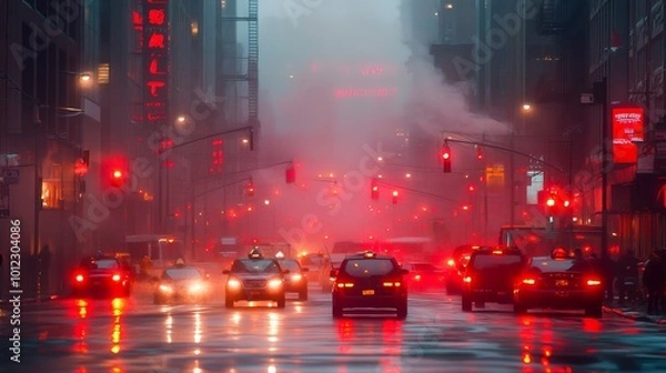 Fototapeta City streets' hazy glow reflected in automobile headlights creates a captivating backdrop. 