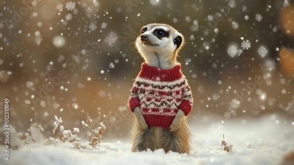 Obraz A Meerkat Wearing a Red and White Knit Sweater in the Snow