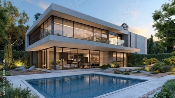 Fototapeta Luxury modern home with pool, garden, and sleek architectural design. generative ai