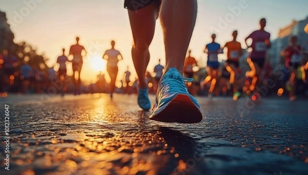 Fototapeta A group of men runners running in a road race, marathon run contest
