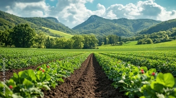 Fototapeta A field of green plants with rows of dirt and mountains in the background under a blue sky with white clouds.