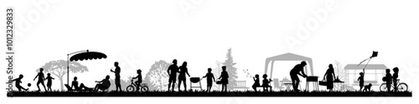 Obraz Family silhouettes. Groups of people, father, mother and children had a picnic in nature. Vector illustration	

