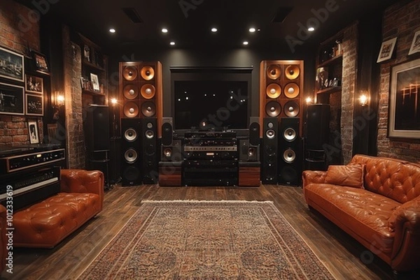 Fototapeta A home theater room with a large screen, multiple speakers, a leather couch, and a brick wall.