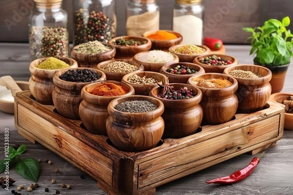 Obraz A vibrant display of various spices in wooden bowls