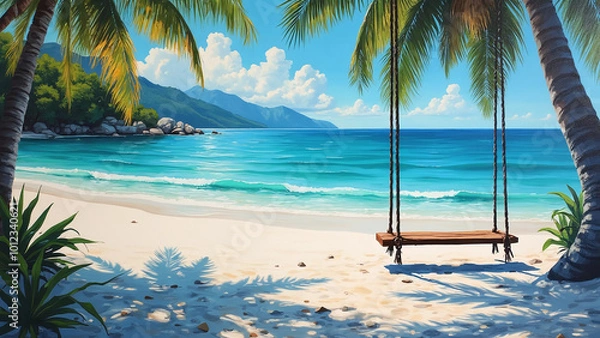 Fototapeta Deserted Beach with Palm Tree Swing
