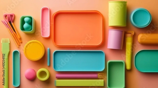 Fototapeta A collection of colorful plastic containers with labels is arranged in a playful layout on a textured surface, highlighting their versatility for crafting or organizing supplies. This vibrant display 