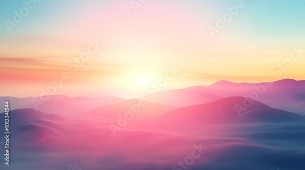 Fototapeta A soft, blurred sunrise in the mountains with a clear sky for text
