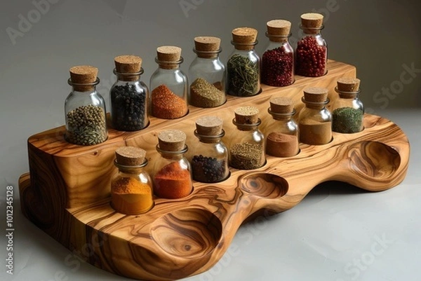 Obraz Display of various spices in glass jars on a wooden rack