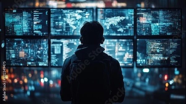 Obraz A man stands in front of a wall of computer monitors displaying data and code, with a city lights background.