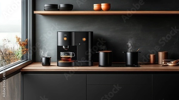 Fototapeta A modern kitchen counter with a coffee maker brewing a cup of coffee, steam rising from the cup, with two mugs and kitchen utensils on a wooden countertop.