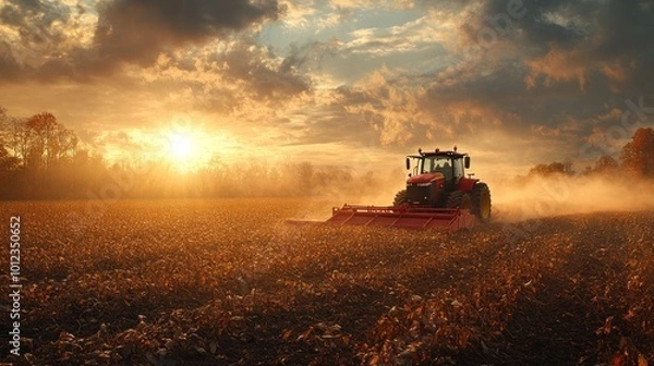 Fototapeta A red tractor cultivates a field at sunset, creating a cloud of dust.