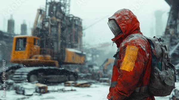 Fototapeta A construction worker in a red jacket stands in a snowy construction zone.
