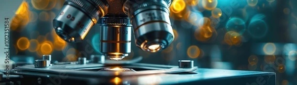 Fototapeta Microscope with intricate details, scientific and precise, Urban, Cool tones, Photograph, Scientific tool