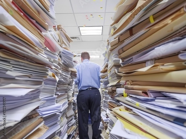 Fototapeta AI-Generated image of A man is walking through a very tall stack of papers. The stack is so tall that it is almost impossible to see the top. The man is in a hurry