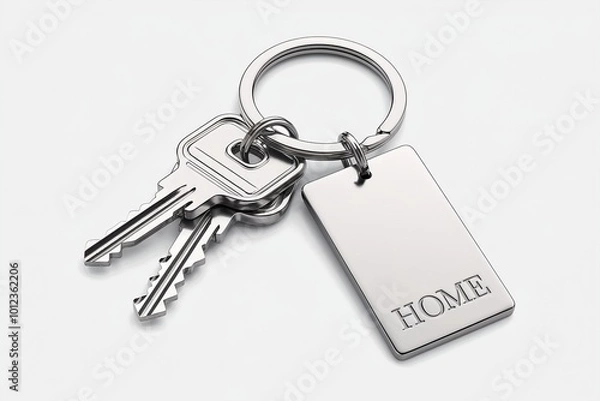 Fototapeta Silver house keys with HOME engraved keychain on white background