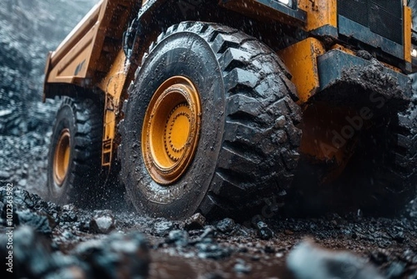 Fototapeta Close-up of a large yellow mining truck tire covered in mud and rocks on a dirt road.