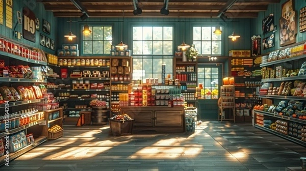 Obraz Brightly lit grocery store displays with various products