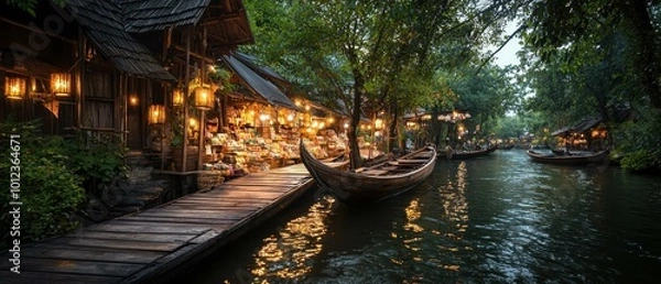 Fototapeta Traditional Wooden Boats at a Floating Market Selling Handmade Crafts in Warm Natural Lighting